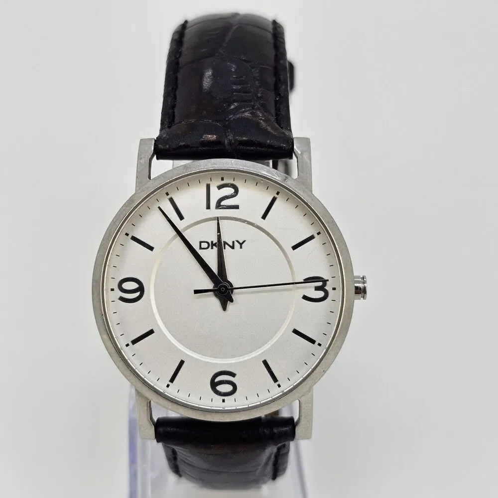 DKNY Women's Watch‎ 36MM Gray Dial Black Leather Band Straps New Battery